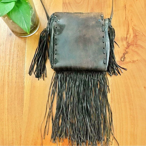 Vintage Boho Western Festival Brown Leather Cross Body Bag with Fringes. - Picture 4 of 11